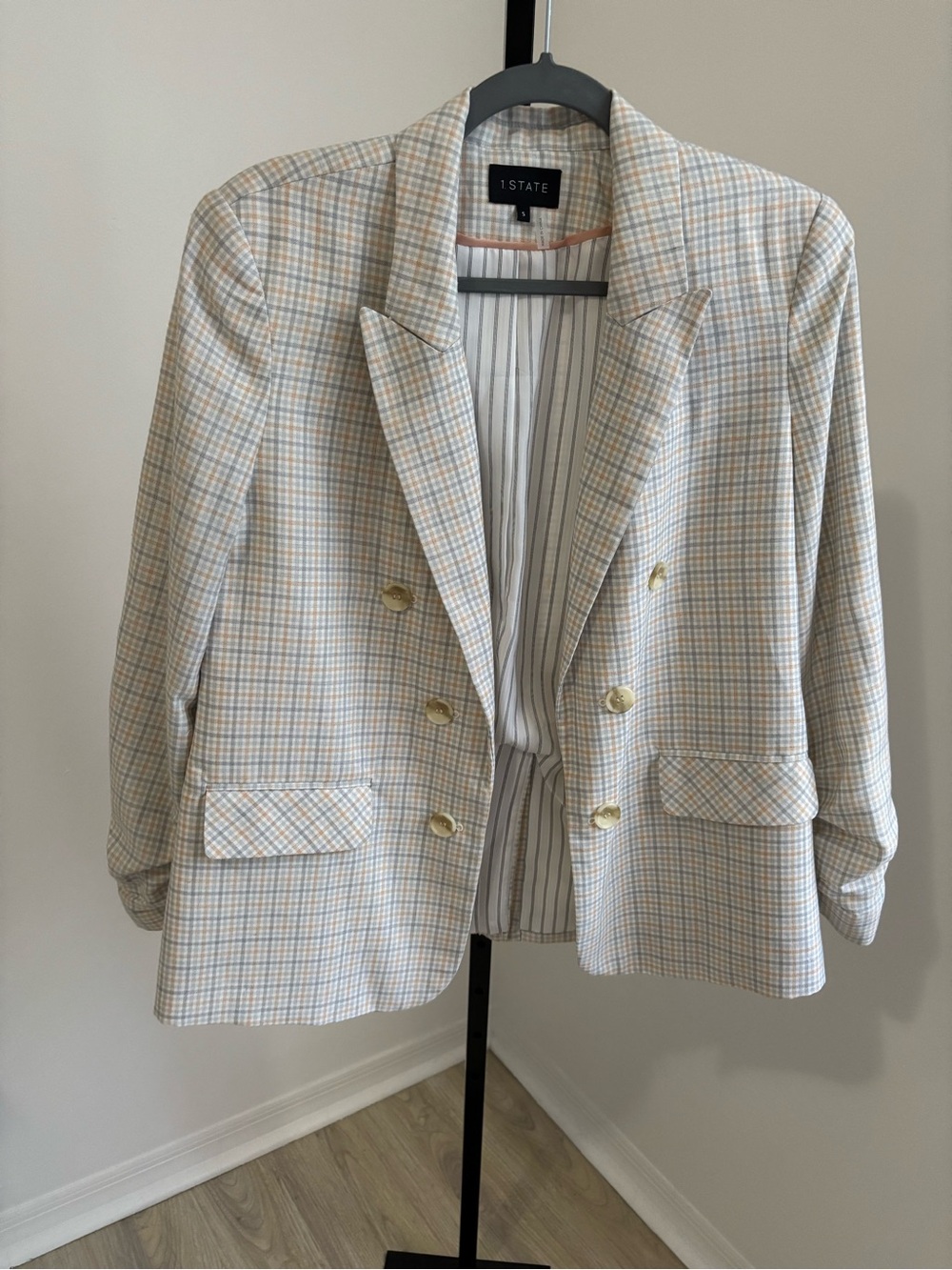 1. State Cream Plaid Double-Breasted Blazer with Grey and Tan Check